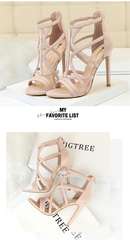 Women Roman Style Thin High Heels Pumps Pointed Toe Suede Hollow Strap Party Shoes Solid Ankle Zip Summer Sandals