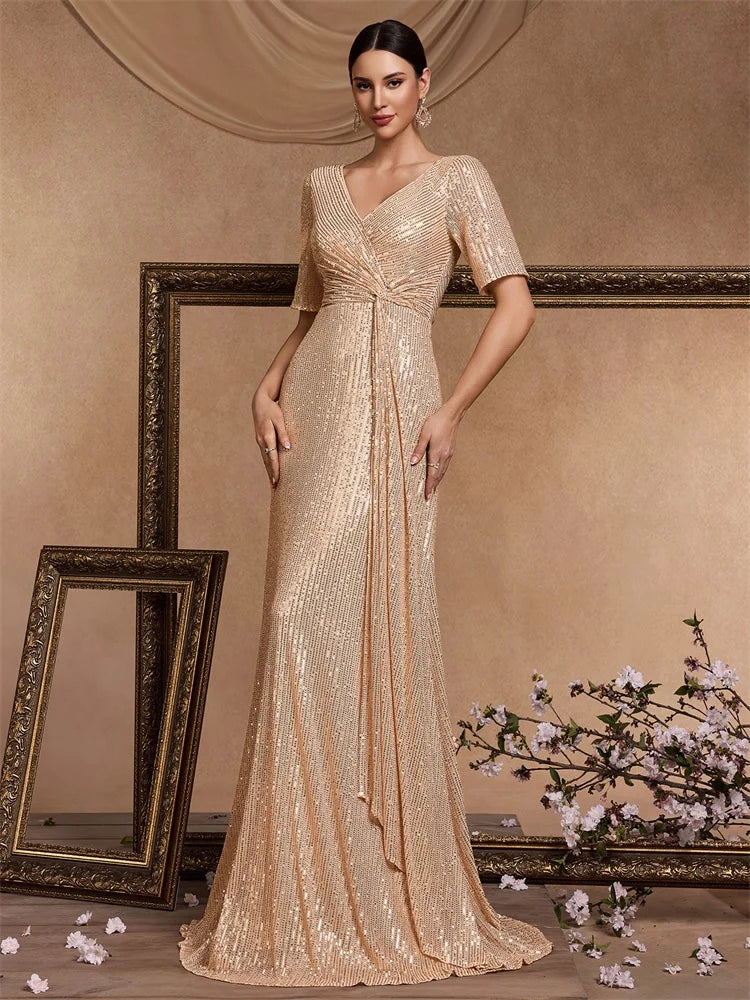 Luxury Floor Length V-Neck Evening Dress 2025 Women Elegant Party Maxi Sequin Short Sleeves Prom Cocktail Graduation Dress
