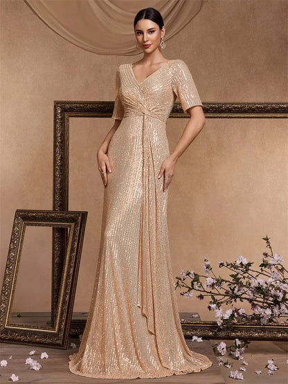 Luxury Floor Length V-Neck Evening Dress 2025 Women Elegant Party Maxi Sequin Short Sleeves Prom Cocktail Graduation Dress