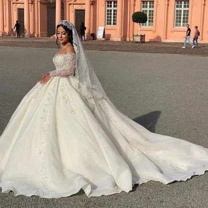 Customized Sparkly V-neck Wedding Dresses Off The Shoulder Lace Applique Bride Gown Ball Gown Long Robe Vestido De Novia