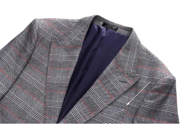 (  Blazer + Vest + Pants ) High-end Brand Gray Plaid Mens Formal Business Office Suit Three-piece Groom Wedding Dress Party Suit