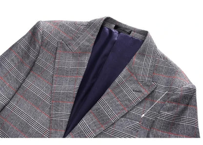 (  Blazer + Vest + Pants ) High-end Brand Gray Plaid Mens Formal Business Office Suit Three-piece Groom Wedding Dress Party Suit