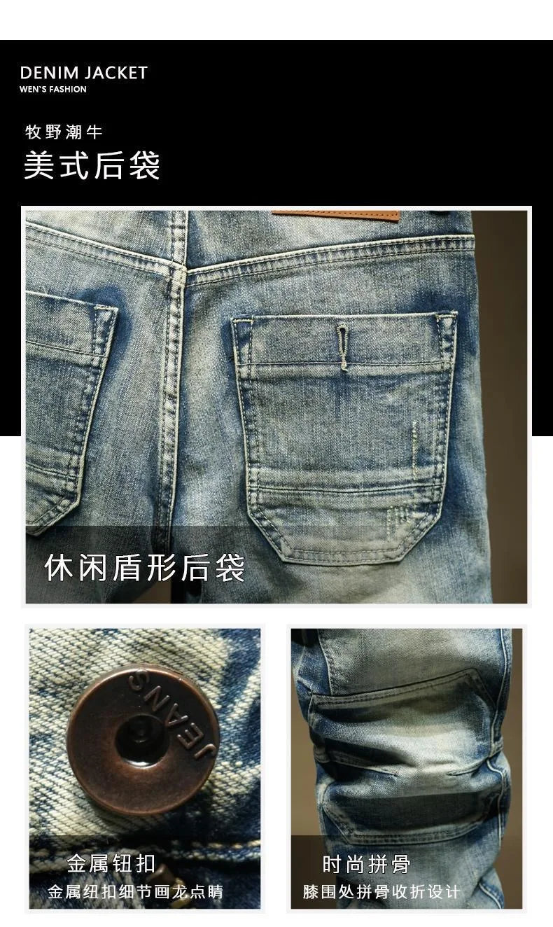 2024 Spring and Autumn New Fashion Trend Solid Color Retro Motorcycle Jeans Men's Casual Loose Comfortable Straight Leg Pants