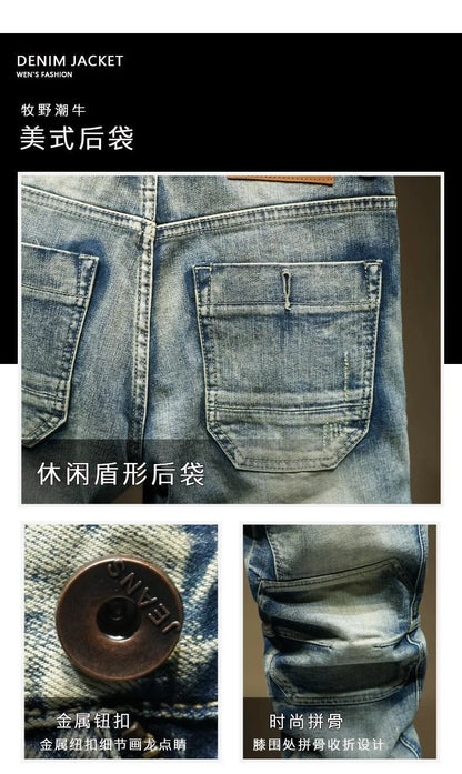 2024 Spring and Autumn New Fashion Trend Solid Color Retro Motorcycle Jeans Men's Casual Loose Comfortable Straight Leg Pants