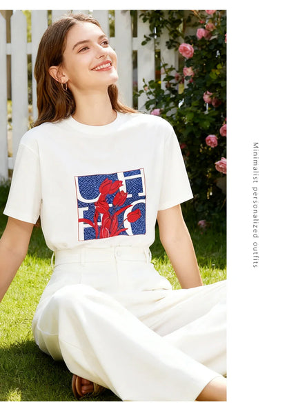 Women's T Shirts Short Sleeve O Neck Casual Flower Design Cotton Female Tops Women Tee Tops