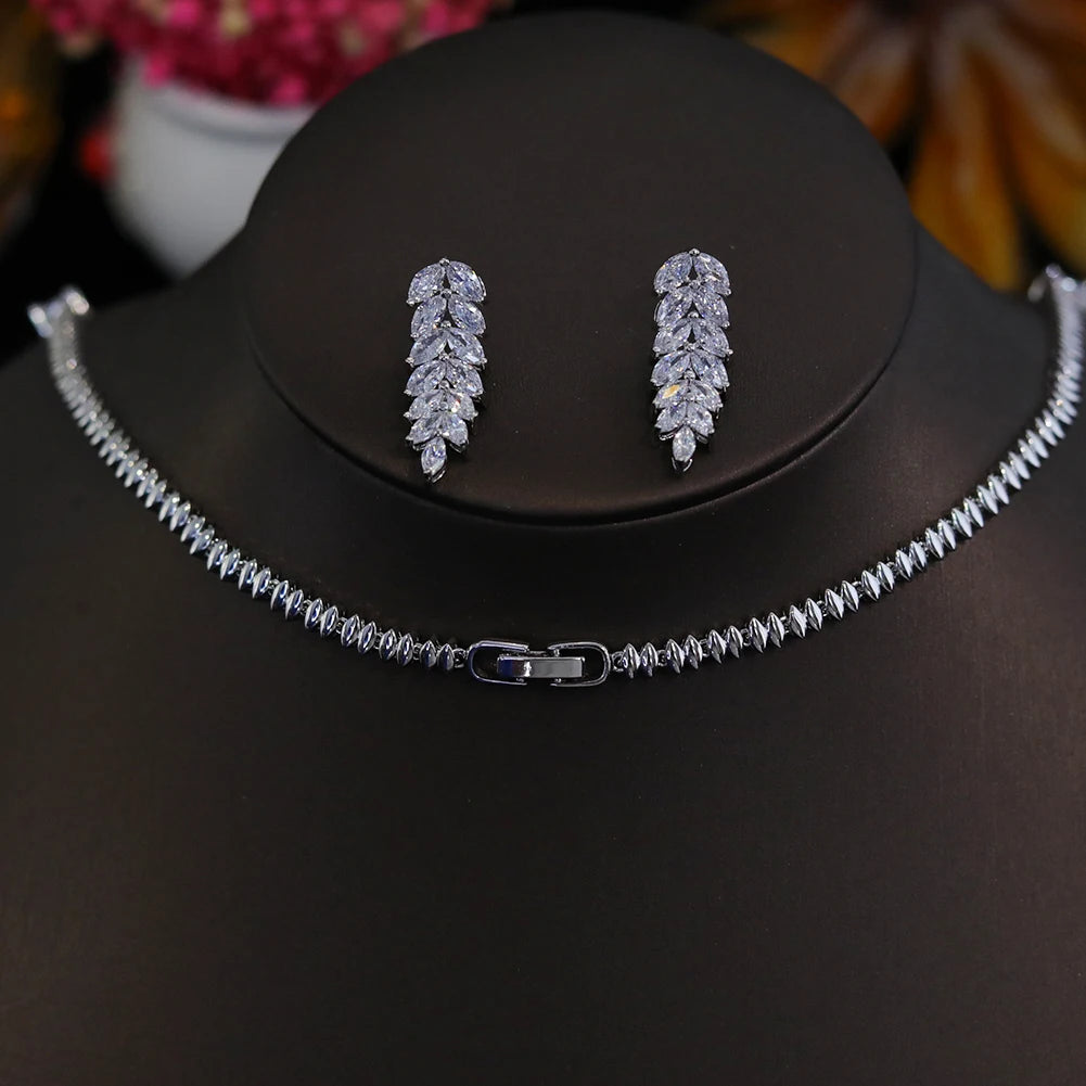 New CZ Simple Earring Necklace For Women Elegant Bridal Wedding Jewelry Set Bridesmaid Dinner Party Accessories， Gifts X0477
