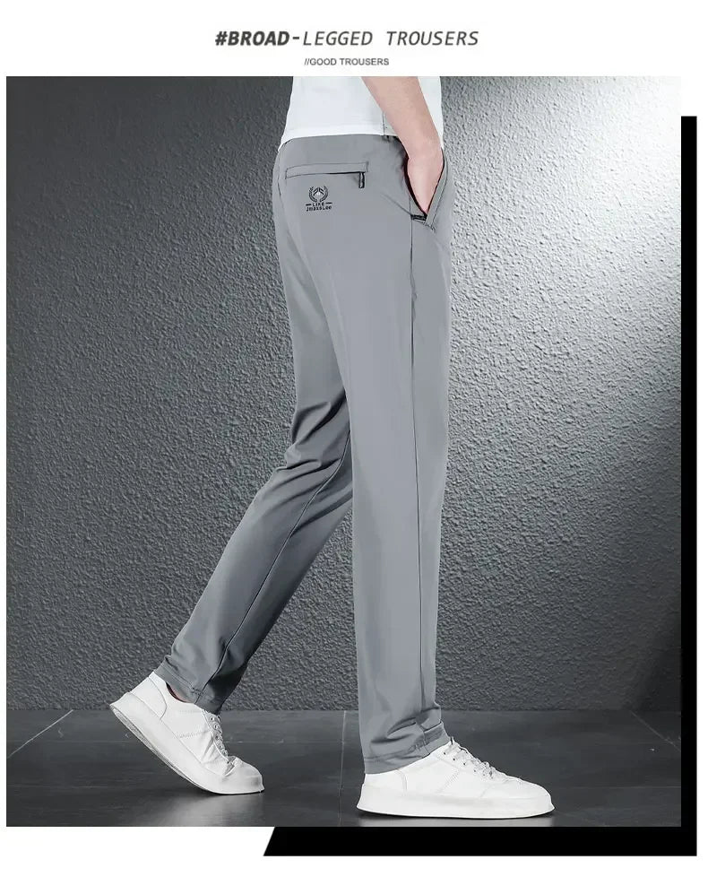 2024 Summer Soft Ice Silk Fabric Men's Thin Casual Pants Korean-style Fashion  Straight High Stretch Trousers Male Luxury Brand