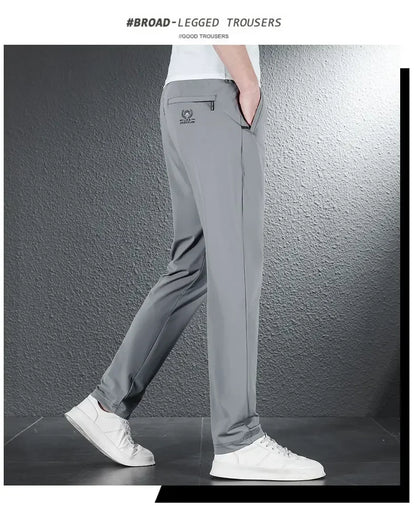 2024 Summer Soft Ice Silk Fabric Men's Thin Casual Pants Korean-style Fashion  Straight High Stretch Trousers Male Luxury Brand