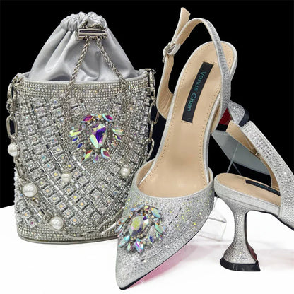 Girly Style Pointed Toe Wedding Shoes and Bag Full Diamond Decoration Metal Closure Bag Italian Design 2024