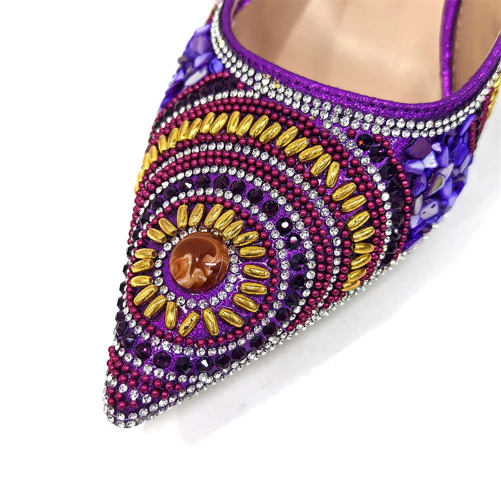2025 Moda Mais Recente Chegada Laranja Ponta Fina Sandálias Femininas Sapatos com Bolsa Conjunto para Senhoras Festa de Casamento Salto