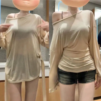 See Through Long sleeve Oversize T shirt Women Sexy Back Bandage Off shoulder Top Female Basic Long Tees Korean Chic Lady New