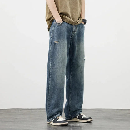 Korea Baggy Cargo Jeans Men Vintage Straight Ripped Y2k Pants Fashion Frayed High Street Distressed Denim Trousers Male Clothes