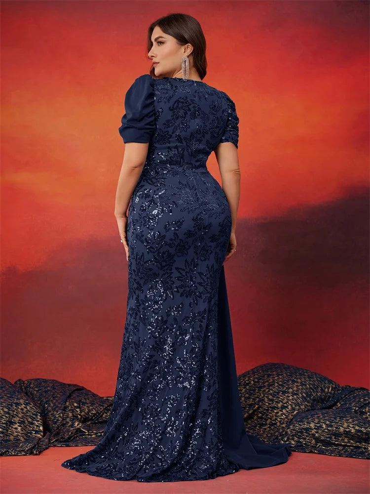 Plus Size Elegant Short Sleeve Sequins Formal Evening Dresses Women Luxury Mermaid Wedding Party Bridesmaid Gowns
