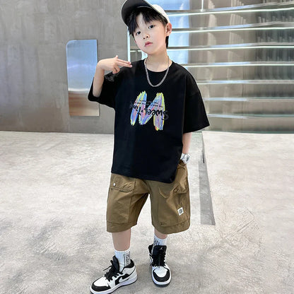Summer Boys Clothing Set Fashion Short Sleeve Letter T-shirt Shorts 2Pcs For 4-12 Years Kids Tracksuits Teenager Casual Outfits