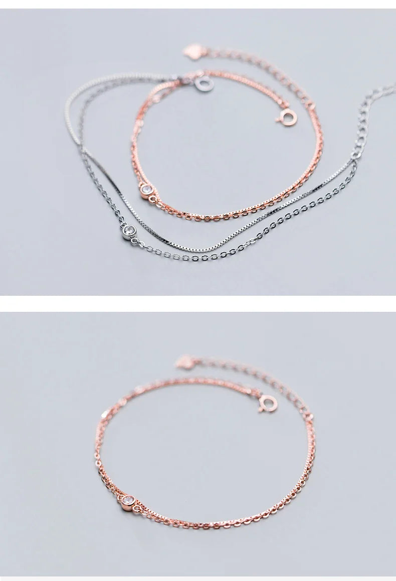 Real 925 Sterling Silver Luxury Double Layer Single Diamond Box Chain Bracelet for Women Fashion Bracelet Fine Jewelry