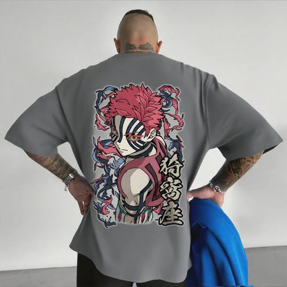 Camiseta Masculina Demon Slayer Akaza Anime Oversized Algodão Feminina Manga Curta Tops Verão Streetwear Gráfica Casual Roupa Y2k