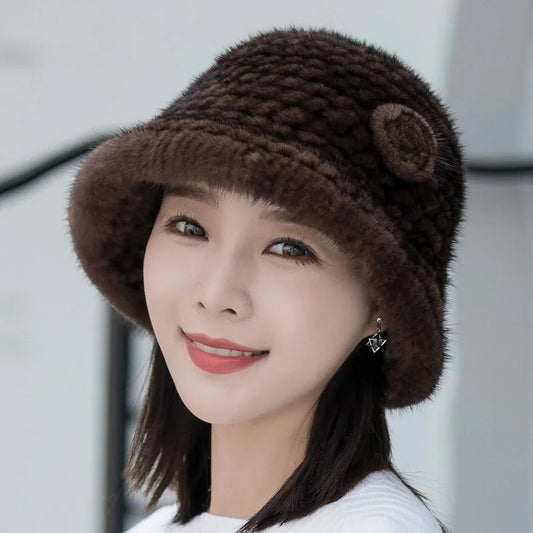 Woman Hat Winter Solid Mink Caps With Flower Natural Mink Fur Hats New Russian Girl Soft Knitting Real Fur Bucket Hats 2026 Warm