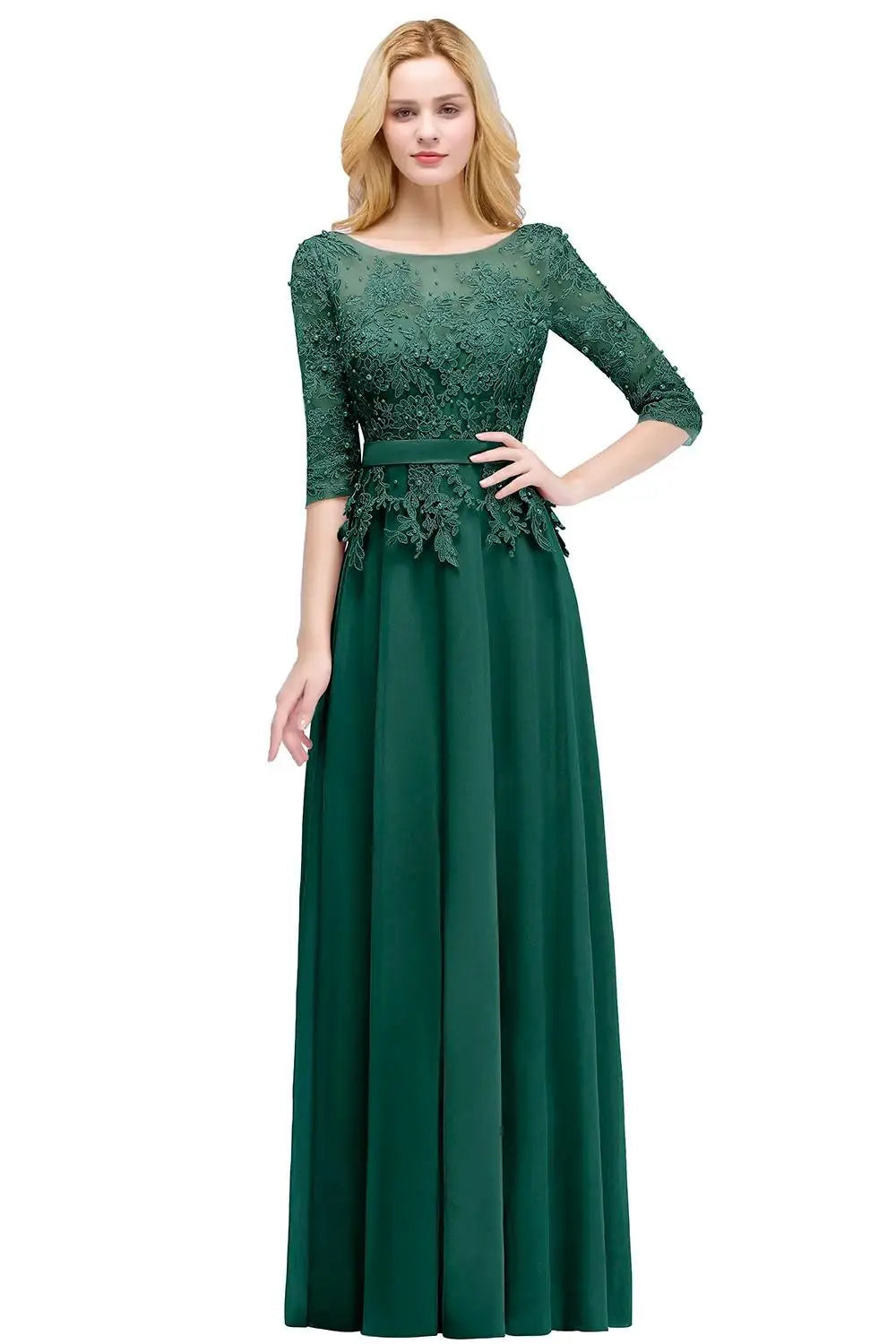 2024 Dusty Rose Evening Dresses Chiffon Appliques 3/4 Sleeves Banquet Formal Party Prom Gowns Maxi Robe De Soiree