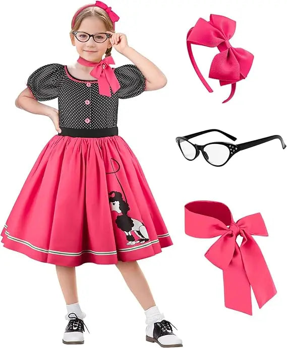 Girls Party Dresses Summer Dress Poodle Print Polka Dot Vintage Dress With Scarf Outfit Girls Casual Summer Dresses Birthday