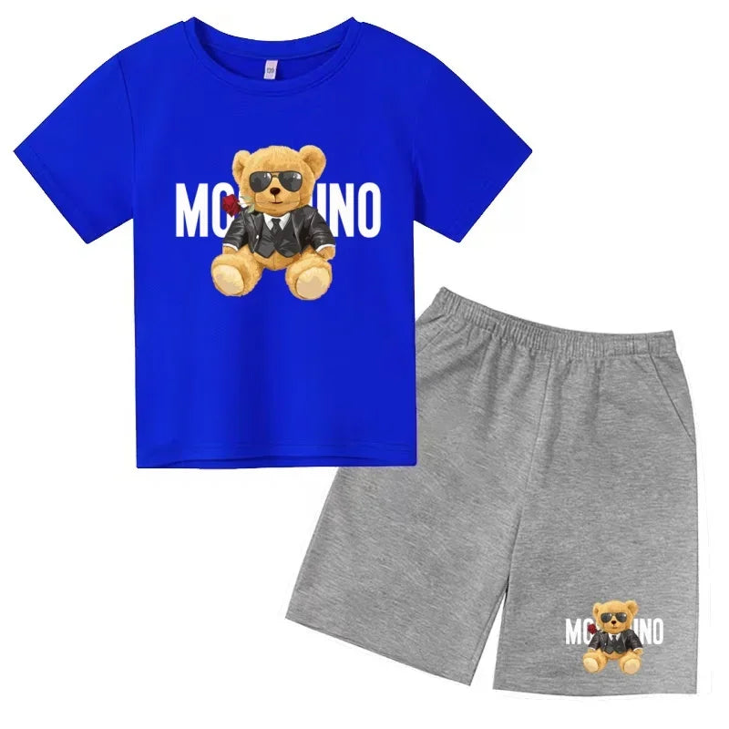 Boys Girls Summer Casual 2Pcs Set Lovely Bear Letter Print T-shirt & Shorts Comfortable Sports Running Suit