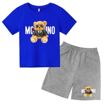 Boys Girls Summer Casual 2Pcs Set Lovely Bear Letter Print T-shirt & Shorts Comfortable Sports Running Suit