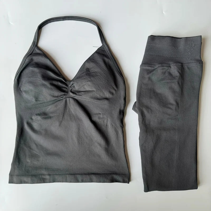 2 Pieces Set Leggings Set Women Backless Tank Tops High Waist Scrunch Gym Suit Fitness Clothes Outfit Workout Yoga Set