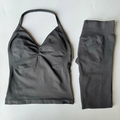 2 Pieces Set Leggings Set Women Backless Tank Tops High Waist Scrunch Gym Suit Fitness Clothes Outfit Workout Yoga Set