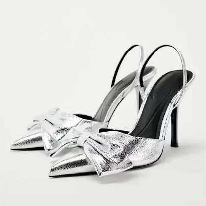 Luxury Silver High Heeled Sandals Women Sexy Pointed Toe Back Strap Thin Heels for Women Elegant Bow Design Banquet Dress Shoes