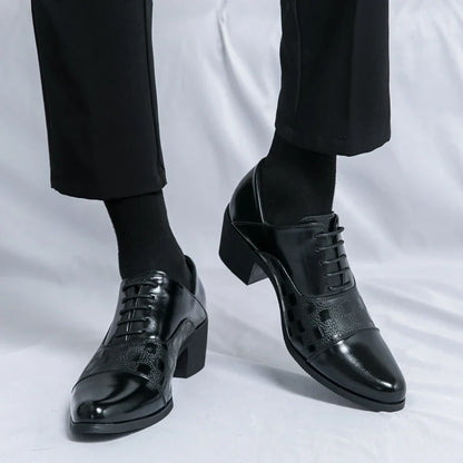 Elegant Mens Dress Shoes Retro Brown Pointed Toe Leather Shoes For Man British Style 6cm High Heeled Shoes Men zapatos de hombre