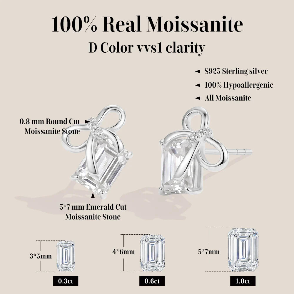 New Bow Earrings Emerald Cut Moissanite Stud Earrings S925 Silver Elegant Dainty Anniversary Wedding Jewelry for Women