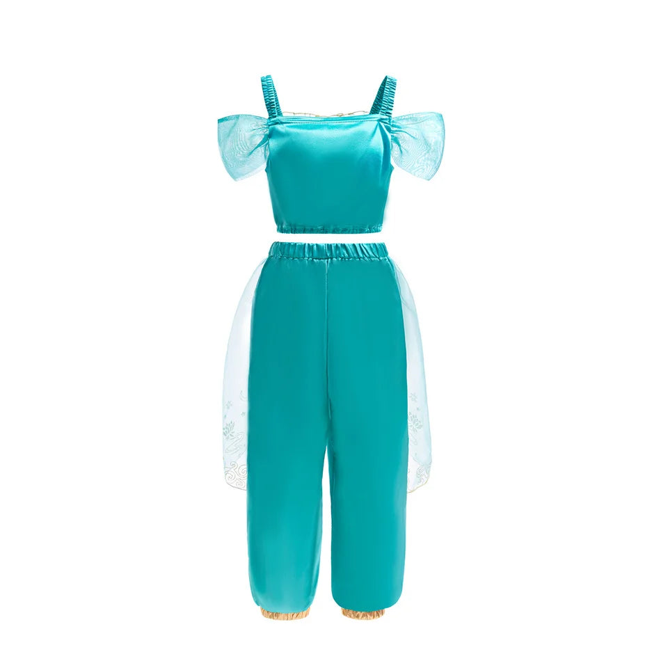 Aladdin Princess Girl Dress Jasmine Two-piece Set Kids Film Role Play Costume Halloween Party Clothes Children Birthday Gift