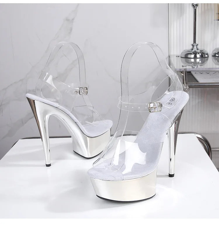 Crystal Transparent PVC Comfort Platform Blue Sandals Women 15CM Thin High Heels Model Catwalk Show Summer Electroplating Shoes