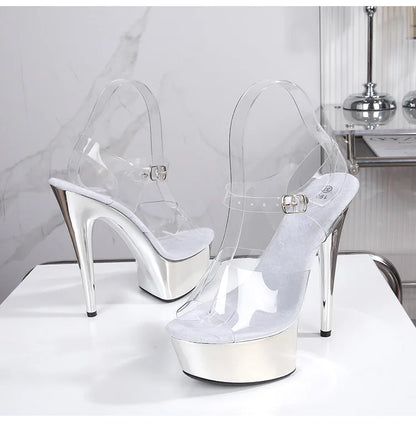 Crystal Transparent PVC Comfort Platform Blue Sandals Women 15CM Thin High Heels Model Catwalk Show Summer Electroplating Shoes