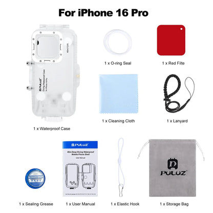 40m/130ft Waterproof Diving Case for iPhone 16 15 14 13 12 11 Pro Max Plus Photo Video Taking Underwater Housing Cover