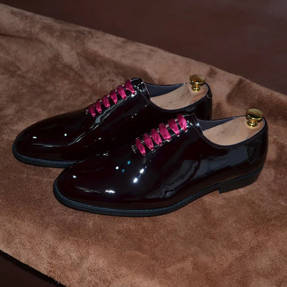 Luxury Men's Dress Shoes Burgundy Smooth Patent Leather Italian Whole Cut Plain Toe Oxford Lace-Up Wedding Party Formal Shoes