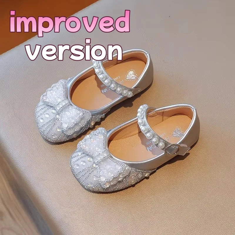 Size 23-34 Silver Bow Cute Princess Flat Shoes for Teenage Girls Casual Low Vamp Student Performance Dance Shoes