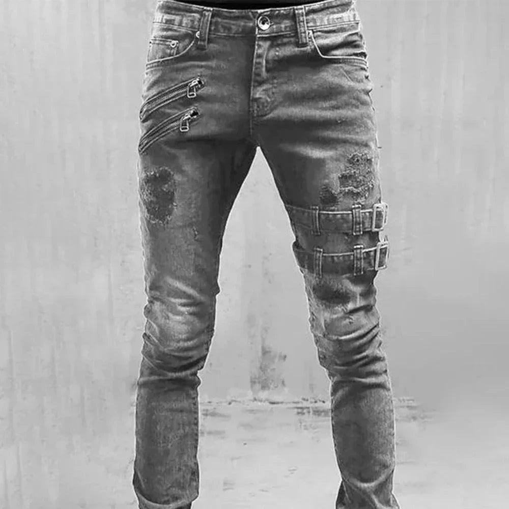 New retro thigh double zipper straight leg jeans men's zipper hole street wear punk tight denim work pants pants Y2K clothing