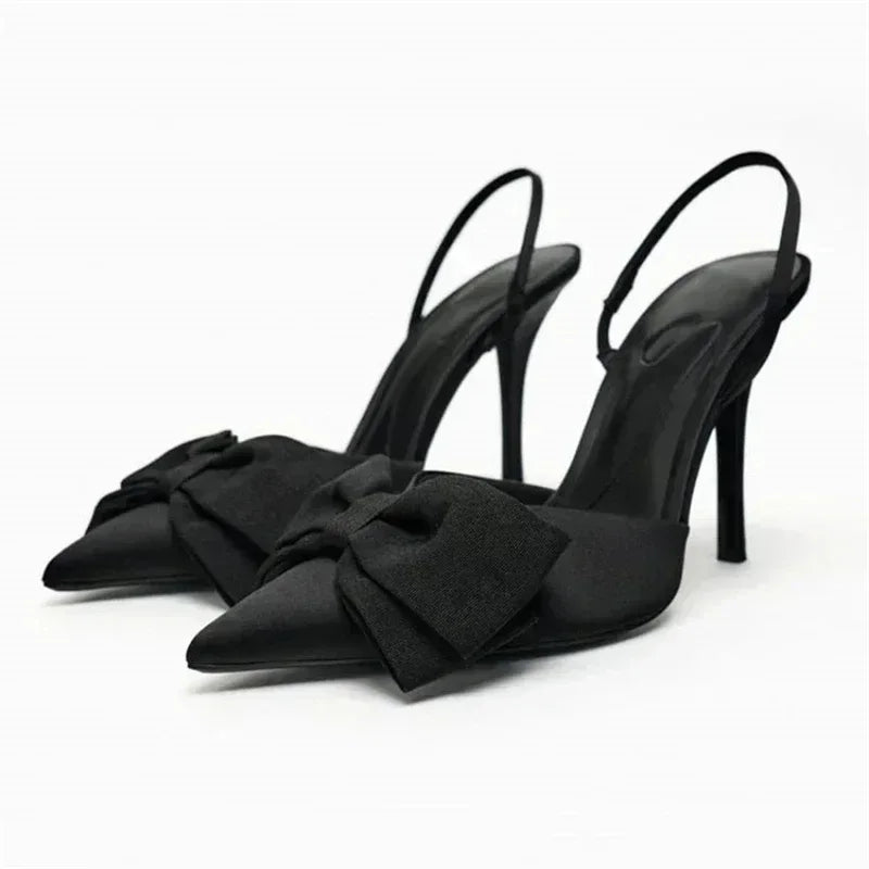 Luxury Silver High Heeled Sandals Women Sexy Pointed Toe Back Strap Thin Heels for Women Elegant Bow Design Banquet Dress Shoes