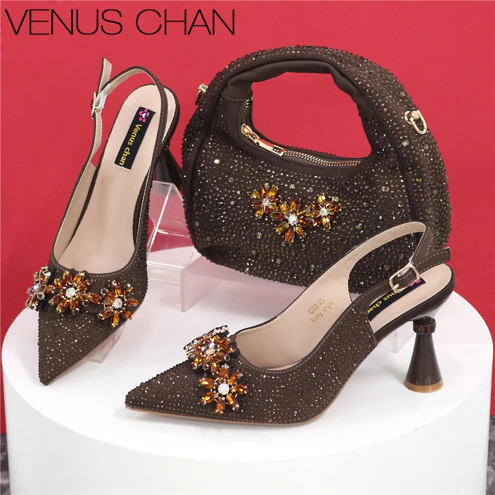 Newest Italian Pumps and Bag To Party INS Style Pointed-Toe Rhinestone Elegant High Heels Champagne Wedge for Women