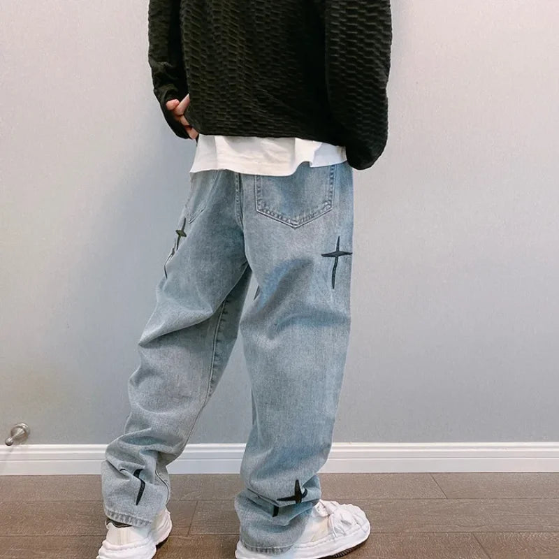 Prints Jeans Men 2026 New Streetwear Baggy Wide Leg Jeans Korean Fashion Drapes Straight Casual Loose Denim Cargo Pants