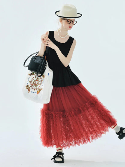 Women's Light Purple Tulle Midi Skirt with Ruffled Hem Elastic Waist Casual Fairy Style Summer  Flowy A-Line Skir 255106