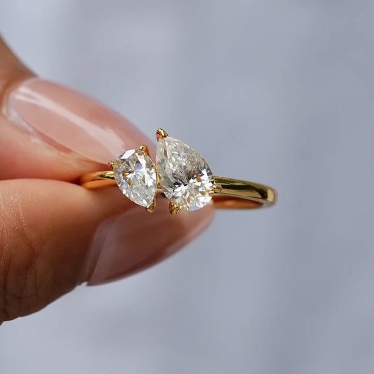 100% 18K real gold moissanite double stone ring for women, square water drop exaggerated ring, high-end jewelry for girlfriend