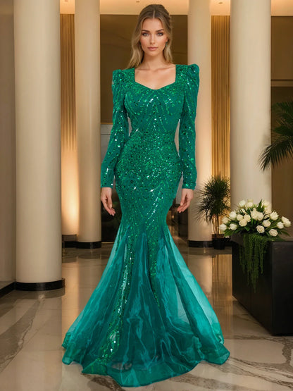 Long Sleeves Sweetheart Neck A Line Mesh Formal Evening Dress Floor Length Women Prom Party Dresses Winter
