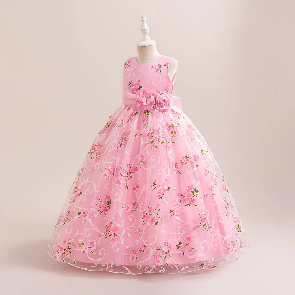 Summer Girls Floral Party Bridesmaids Dresses Elegant Tulle Wedding Princesss Prom Dress for Girl Gala Birthday Children Costume