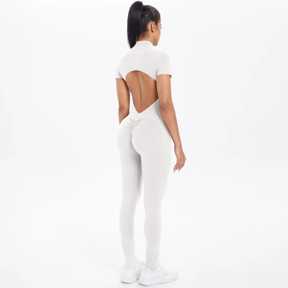 Short Sleeved Fitness Jumpsuit for Woman Bodysuits Backless Solid Color Scrunch One-Piece Suit Half Zipper Gym Yoga Sets Womens