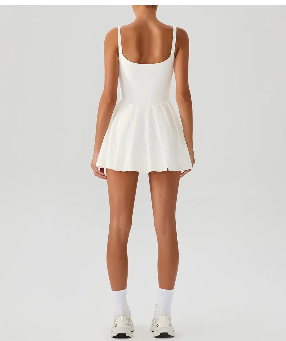 Women's Summer Sleeveless Sports Dress Breathable Tennis Dress One-Piece Mini Skirt Golf Skirts Jumpsuit With Pockets
