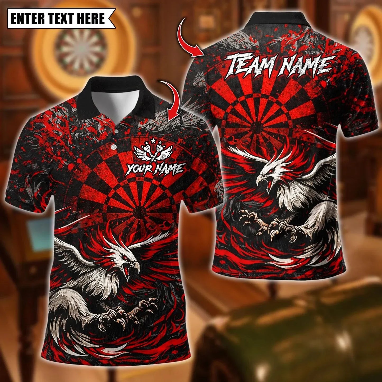 New Custom Name Dart Polo Shirt, Flaming Dartboard Design, Personalized Team Shirt for Men, Gift for Darts Players