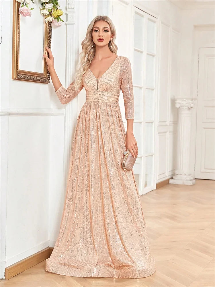 Luxury V Neck Long Sleeves Blue Sequins Formal Evening Dress Women 2024 Wedding Party Prom Maxi Cocktail Dress Gowns