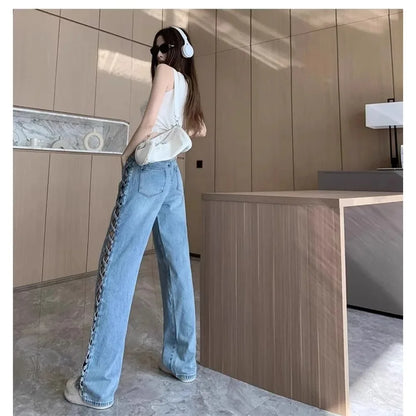 Calça Jeans Feminina Casual Mom Desfiada Cintura Alta Calça Larga Botão Zíper Perna Larga Calça Solta para Escritório Primavera Balada Y2k Streetwear