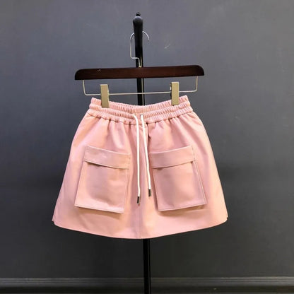 New Autumn Natural Sheepskin Elastic Waist Shorts Skirts A-Line Pocket Wide Leg Casual Above Knee Mini Genuine Leather Skirt 4XL